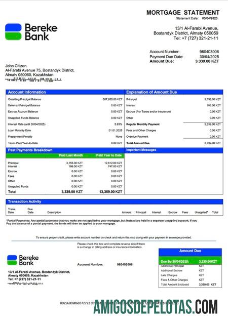 realista Cazaquistão Bereke Bank Cazaquistão Declaração de hipoteca Word e modelo PDF